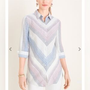 Chico's Non Iron 100% Linen Striped Button‎ Front Coastal Top Size 3 16/18